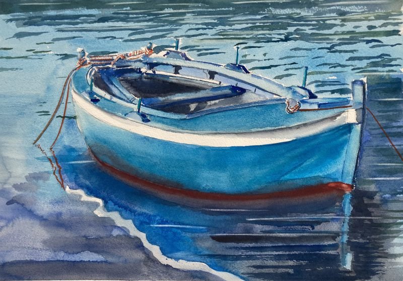 Aquarelle de Thomas Favier : La barque bleu Azur…