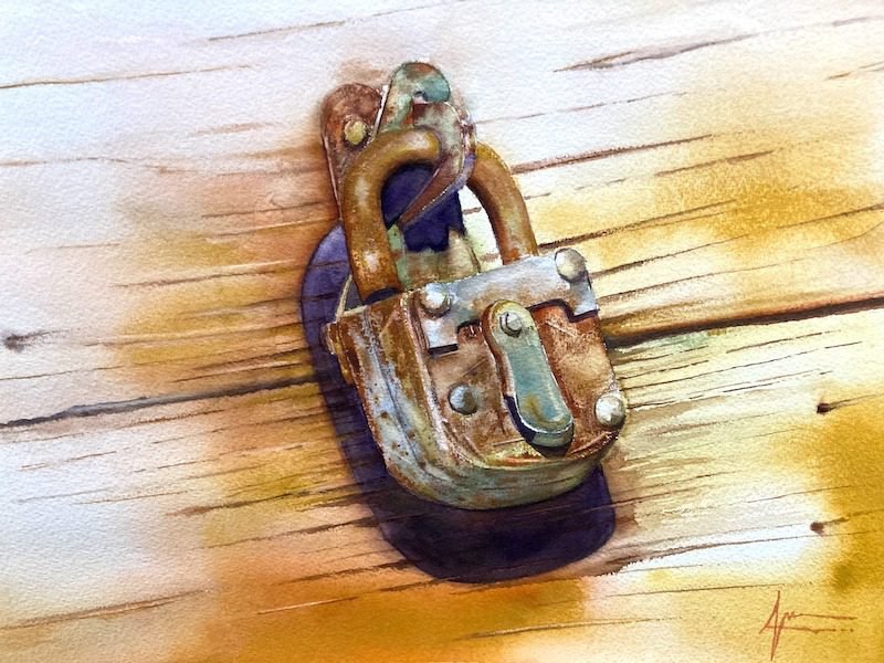 Aquarelle de Thomas Favier : Le cadenas rouillé.
