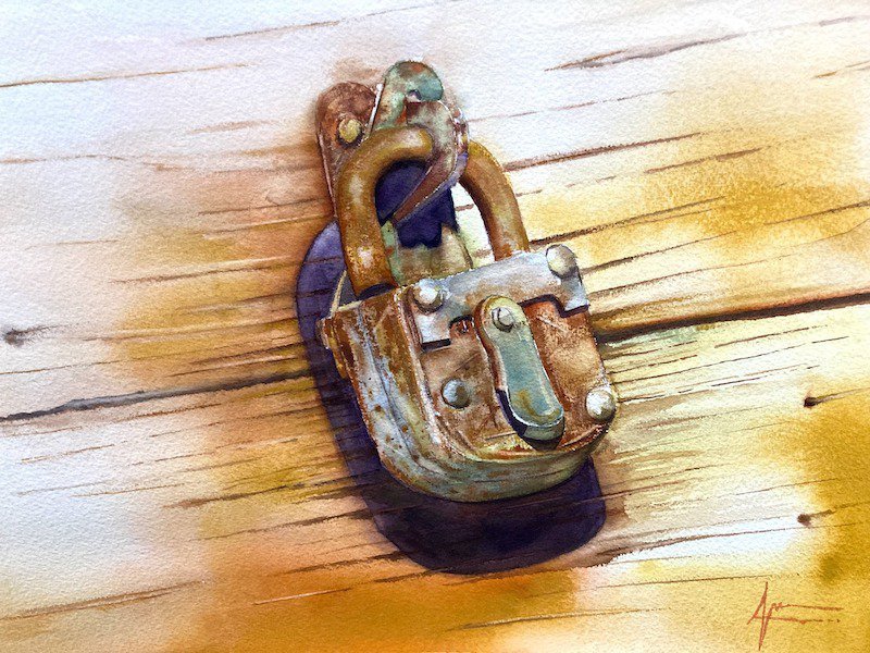 Aquarelle de Thomas Favier : Le cadenas rouillé.