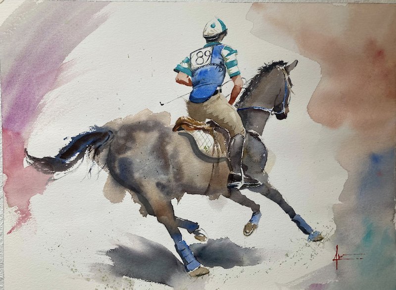 Aquarelle Le Jockey sur son cheval…(Vendu). — Thomas Favier