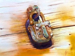 Aquarelle de Thomas Favier représentant un cadenas ouvert rouillé.