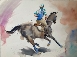 Aquarelle de Thomas Favier representant un jockey de dos sur son cheval 