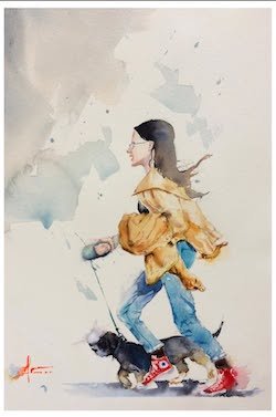 Aquarelle de Thomas Favier representant Chiara et son chien.